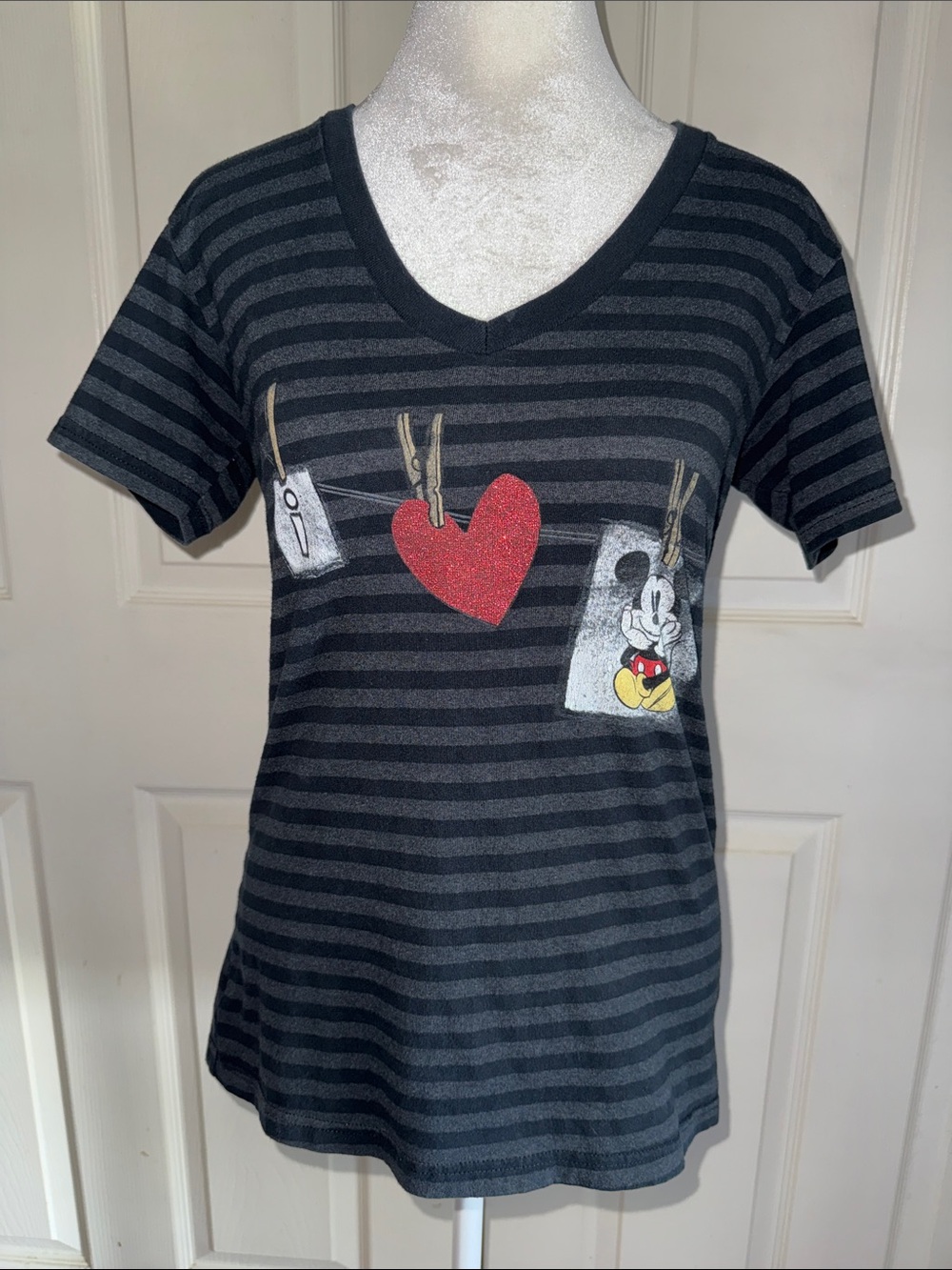 Disney Store Black And Gray Stripe I ♥️ Mickey Mouse V Neck T-Shirt